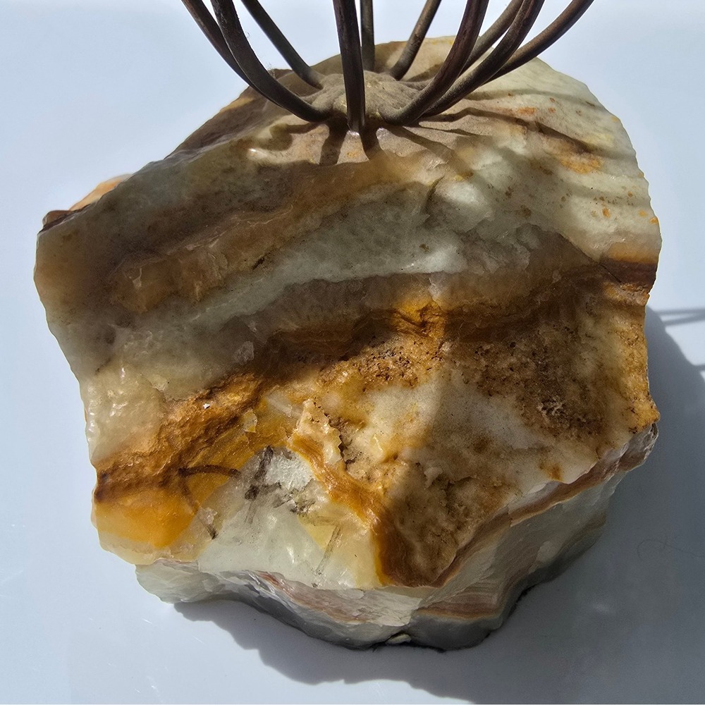 Vintage MCM Brutalist Brass Copper Leaf Sculpture Onyx Stone Base Signed 17" - Picture 2 of 5